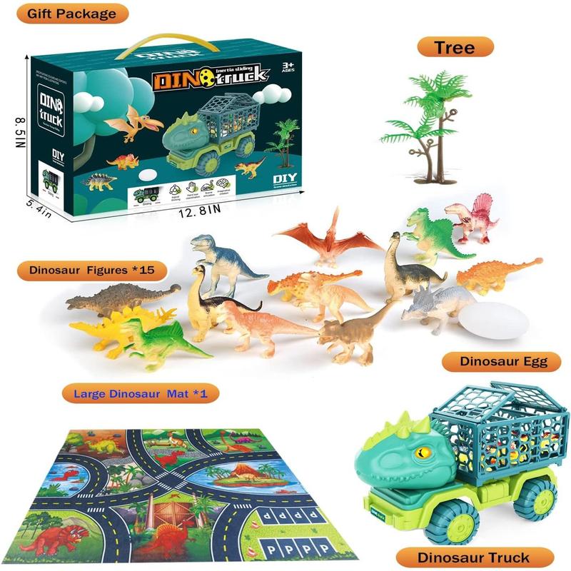 HONGID Dinosaur Truck Toys for Kids 3-5, Triceratops Car Toy with 15 Dino Figures,Large Activity Play Mat, Dinosaur Eggs, Dinosaur Play Set for Boys and Girls,Christmas Xmax,Stocking Stuffers