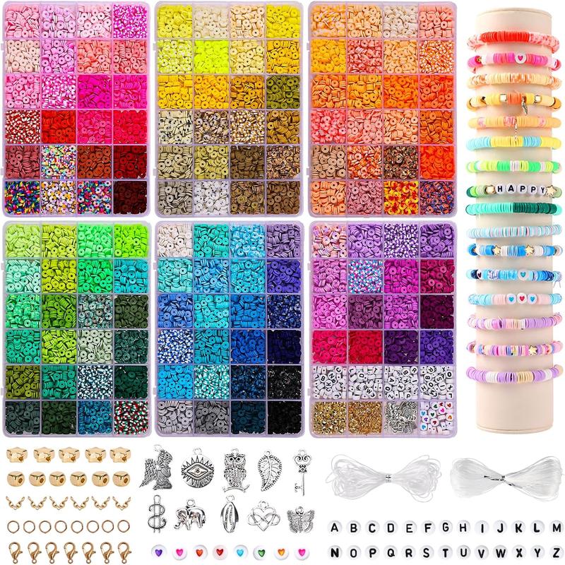 14000  136 Colors Clay Beads Bracelet Making Kit 6 Boxes Friendship Bracelet Kit Flat Polymer Clay Beads Spacer Heishi Beads for  Making with Pendant Charms Kit