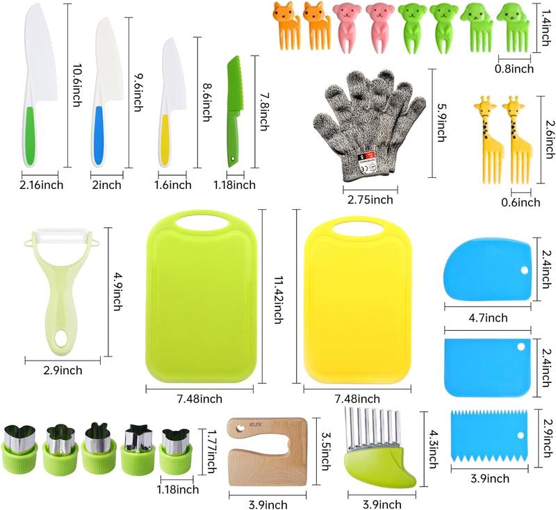 Christmas Knife Set for Cooking Toddler Kitchen Tools Include 4 Serrated Edges Plastic Safe Knives, Crinkle Cutter Pretend play Cutting Boards Wood Kids Knife