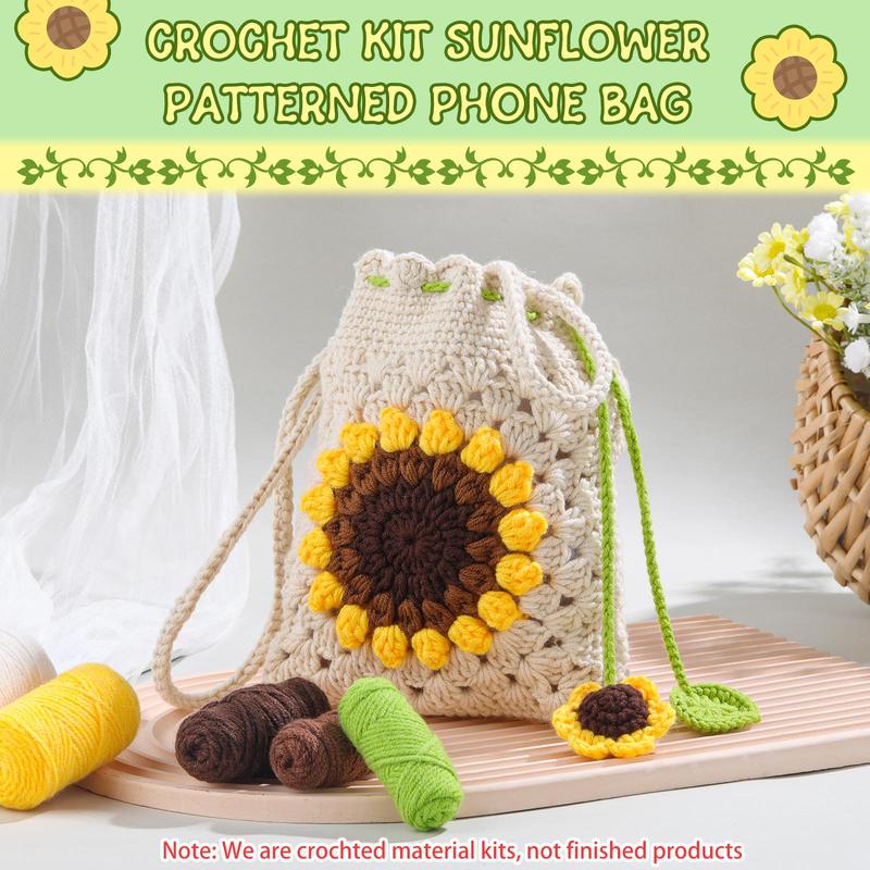 Sunflower Mobile Phone Bag Crochet Kit, Crochet Starter Kit with Step-by-Step Video Tutorials & Complete Accessories, Crochet Starter Kit for Beginners, Suitable for Bag Craft DIY