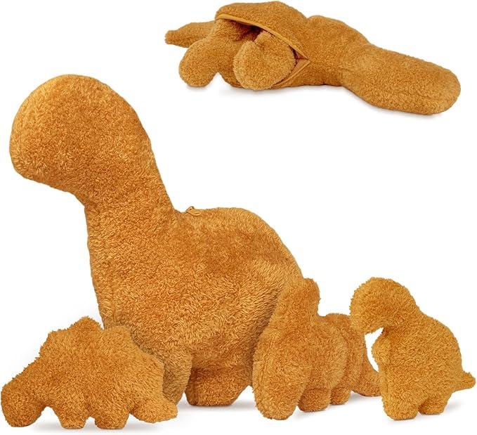 4 Pcs Dino Nugget Pillow Set,Large Chicken Nugget Plush with 3 Small Dinosaur Plush Toys,Dino Stuffed Animal for Birthday Gift Party Favors