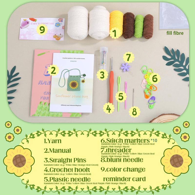 Sunflower Mobile Phone Bag Crochet Kit, Crochet Starter Kit with Step-by-Step Video Tutorials & Complete Accessories, Crochet Starter Kit for Beginners, Suitable for Bag Craft DIY