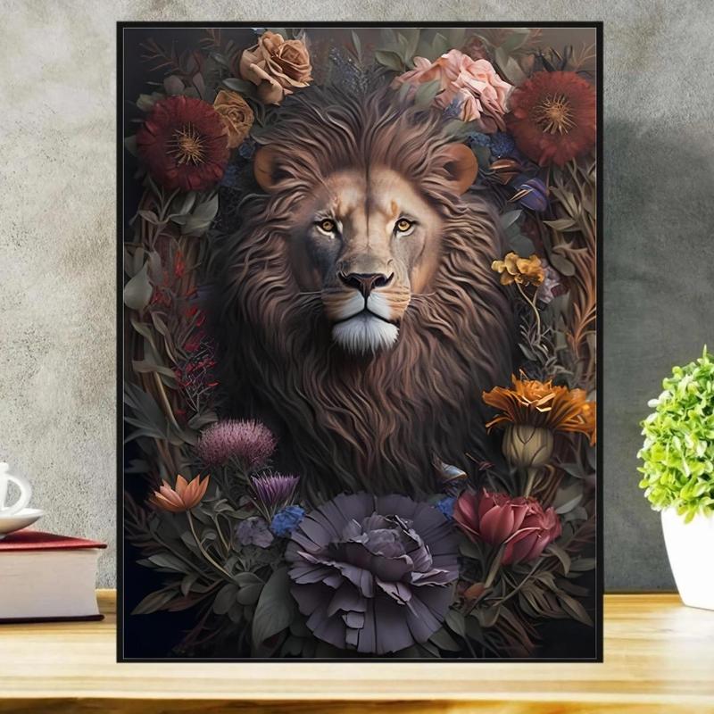 Lion & Flower Pattern Diamond Arts Painting, Cross Stitch Art Craft DIY Full Drill Embroidery Pasted Painting Without Frame For Home Wall Decor