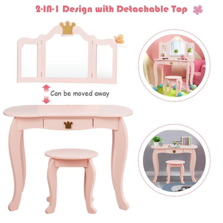 Costzon - Kids Vanity Set, 2 in 1 Wooden Princess Makeup Table and Chair Set with Tri-Folding Detachable Mirror Storage Drawer, Crown Themed Pretend Beauty Dressing Play Toy Gift for Girls, Birthday Gift for Children Girls