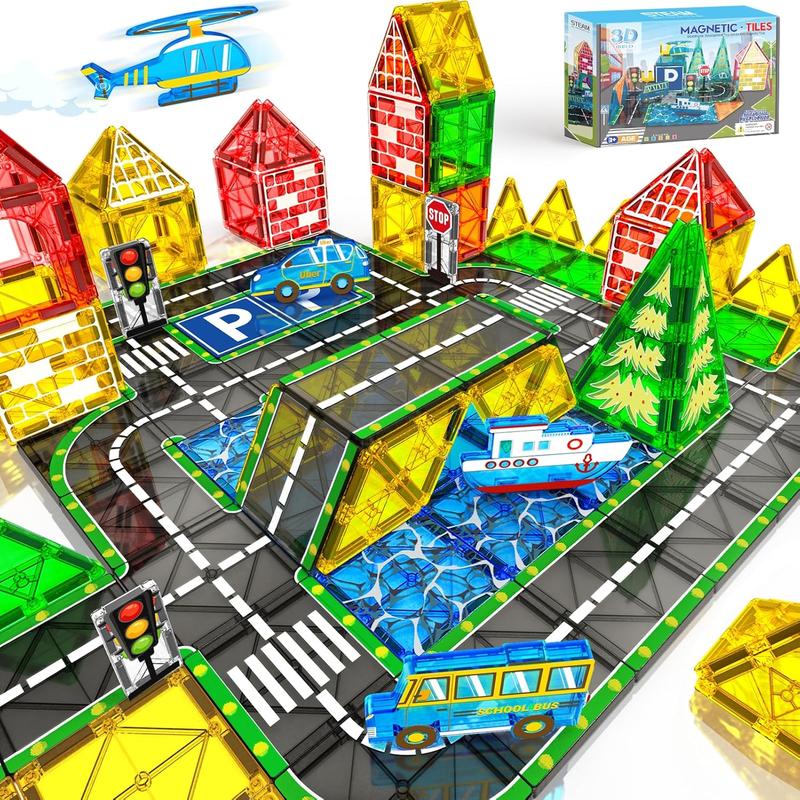 Magnetic Tiles Road Set with Car Magnet Building Tile Toys for Kids Ages 3-5 4-8 5-7 Magnetic Blocks Expansion Pack STEM Construction Toys for 3 Year Old Boy Girl Toddler Christmas Birthday Gift 42pcs