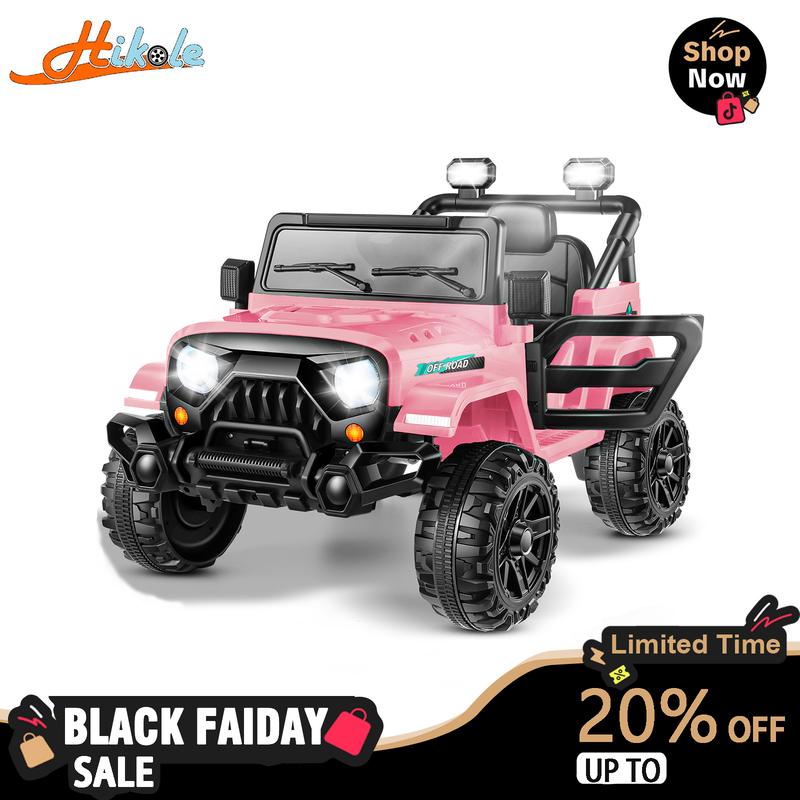 Hikole 12V Battery-Powered Ride-On Jeep for Kids, Remote Control, 3 Speeds, Bluetooth Music, LED Lights, Seat Belt, Spring Shock Absorption