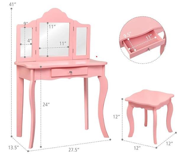 Costzon - Kids Vanity Set, 2 in 1 Wooden Princess Makeup Table and Chair Set with Tri-Folding Detachable Mirror Storage Drawer, Crown Themed Pretend Beauty Dressing Play Toy Gift for Girls, Birthday Gift for Children Girls