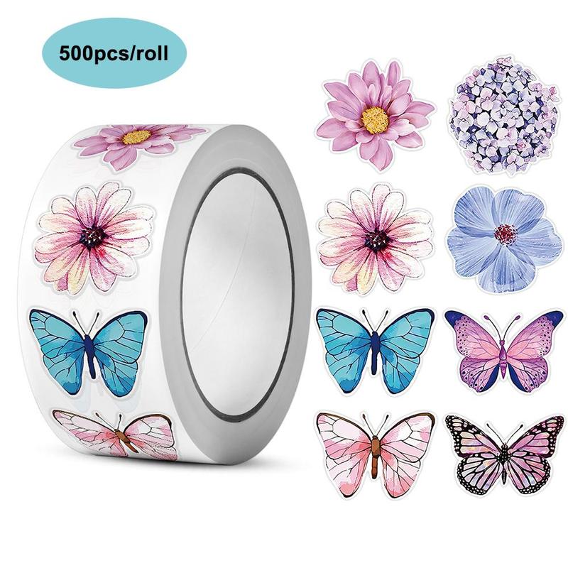 Butterfly & Floral Pattern Sticker, 500pcs roll Colorful Self Adhesive Decorative Stickers, DIY Decals for Water Bottle, Laptop, Phone Case, Scrapbooking, Journal Making