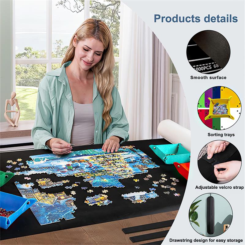 Puzzle Roll Mat Puzzle Storage Saver Mat with 8 Colored Sorting Trays Storage Bag Pump, Jigsaw Felt Mat with Anti-Leak Tube & 3 Elastic Bands, Portable Puzzle Keeper for 3000 1500 Pieces Gift for Christmas