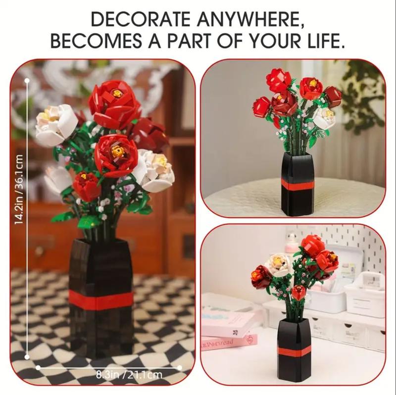 818 PCS Rose Flowers DIY Bouquet Building Set with Vase for Kids and Adults - Christmas, Valentines, Birthdays Gift