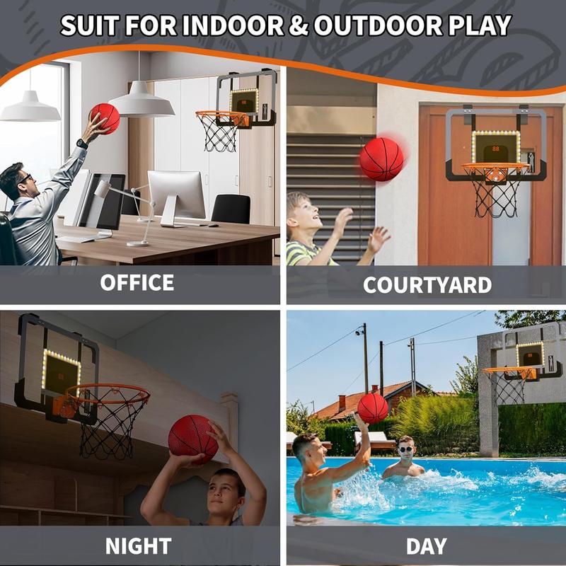 Mini Basketball Hoop Indoor with Scoreboard LED, Glow in The Dark Door Basketball Hoop, Basketball Toy Gifts for Kids Boys Girls Teens Adults, Suit for Bedroom Office Outdoor Pool, Black