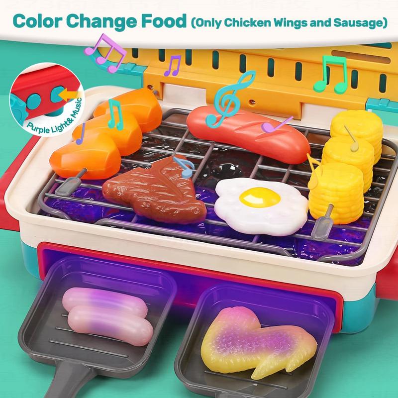 42Pcs Kids BBQ Grill Toy, Barbecue Kitchen Cooking Playset with Realistic Spray, Light & Sound, Color Changing Play Food & Dishes Toy, Pretend BBQ Accessories Set for Girls Boys Toddler