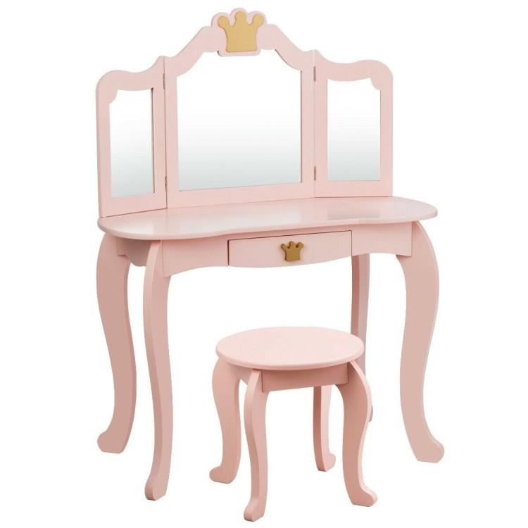 Costzon - Kids Vanity Set, 2 in 1 Wooden Princess Makeup Table and Chair Set with Tri-Folding Detachable Mirror Storage Drawer, Crown Themed Pretend Beauty Dressing Play Toy Gift for Girls, Birthday Gift for Children Girls