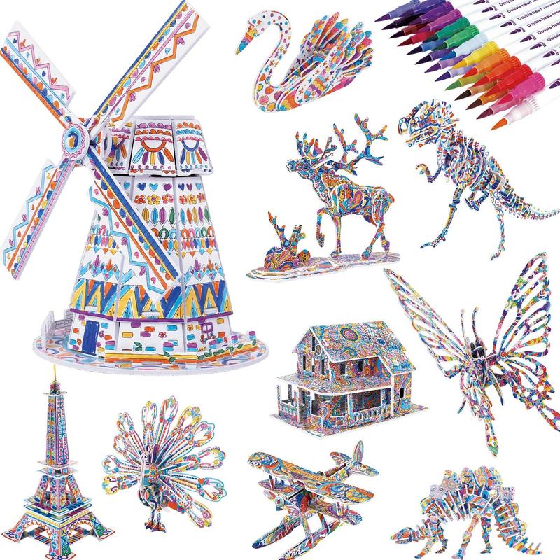 3D coloring puzzle set, suitable for arts and crafts of girls and boys aged 6, 7, 8, 9, 10, 11, and 12, children's fun education painting craft set and supplies, children's birthday toys and gifts