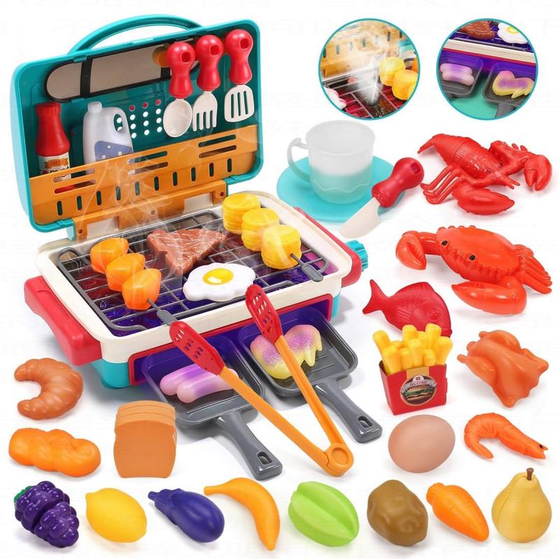 42Pcs Kids BBQ Grill Toy, Barbecue Kitchen Cooking Playset with Realistic Spray, Light & Sound, Color Changing Play Food & Dishes Toy, Pretend BBQ Accessories Set for Girls Boys Toddler