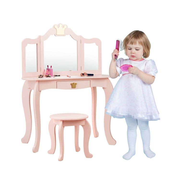 Costzon - Kids Vanity Set, 2 in 1 Wooden Princess Makeup Table and Chair Set with Tri-Folding Detachable Mirror Storage Drawer, Crown Themed Pretend Beauty Dressing Play Toy Gift for Girls, Birthday Gift for Children Girls