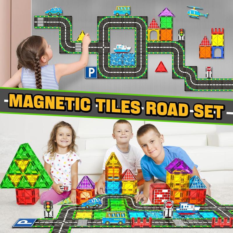 Magnetic Tiles Road Set with Car Magnet Building Tile Toys for Kids Ages 3-5 4-8 5-7 Magnetic Blocks Expansion Pack STEM Construction Toys for 3 Year Old Boy Girl Toddler Christmas Birthday Gift 42pcs