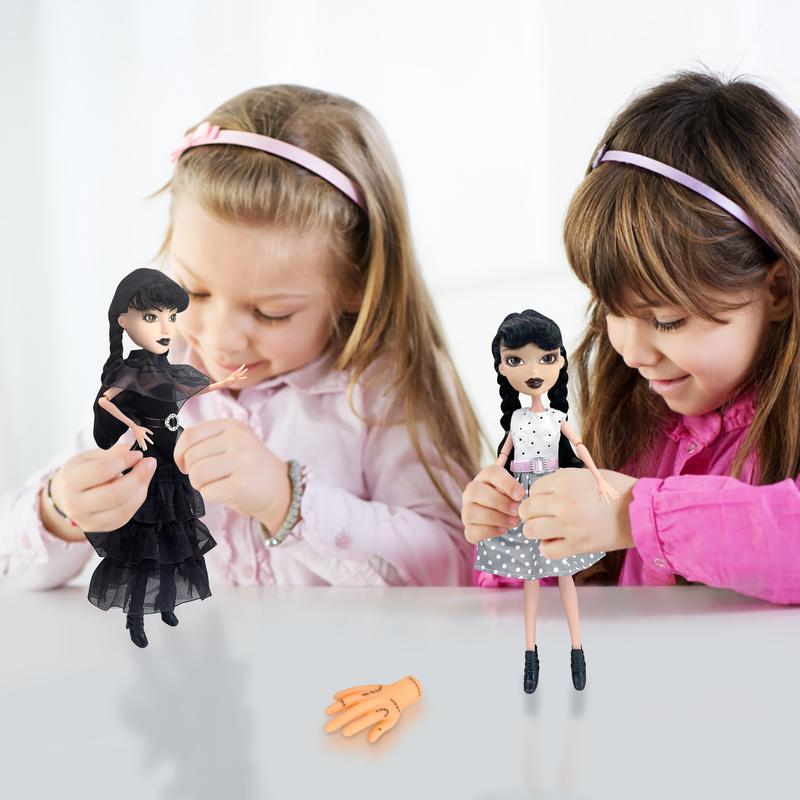 9 inch Black Dress Doll, Black Lip, 2 Dots Dresses, with Thing, wednesday Addams Dolls, Made to Move Dolls, Birthday Gifts for Kids Girls Fans, Holiday Toys