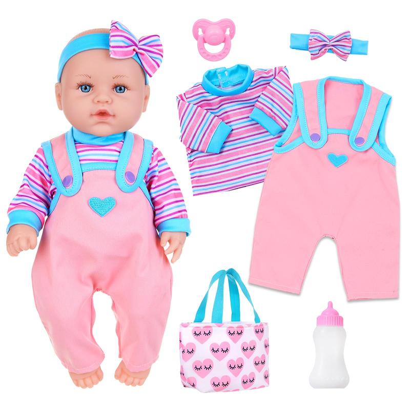 14 Inch Baby Doll & Doll Clothes Accessories Set Newborn Baby Doll Set Real Silicone Soft Doll Including Doll, Clothing, Pacifier, Feeding Bottle, Headband