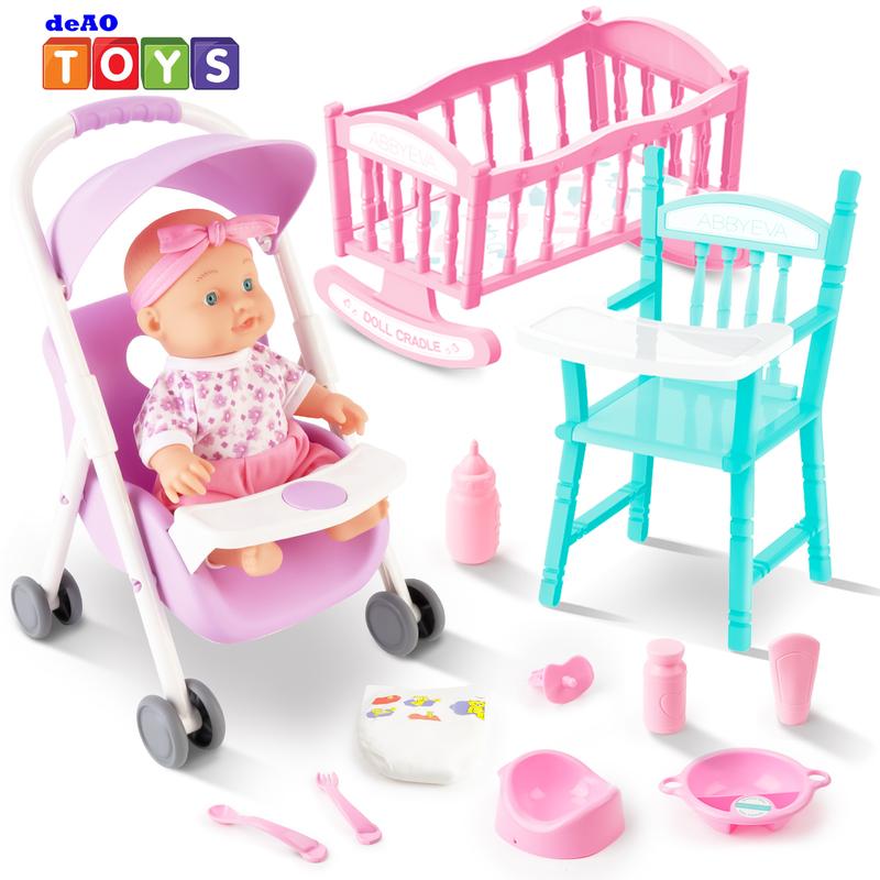 deAO Doll Set Play Set includes Miniature Crib, Mobile High Chair Stroller, 12PCS Doll Accessories, Great Pretend Play Gift