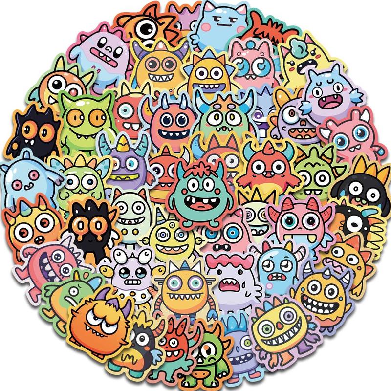 Cute Monster Pattern Sticker (50pcs), Cartoon Decorative Sticker, DIY Decals for Water Bottle, Laptop, Phone Case, Scrapbooking, Journal Making