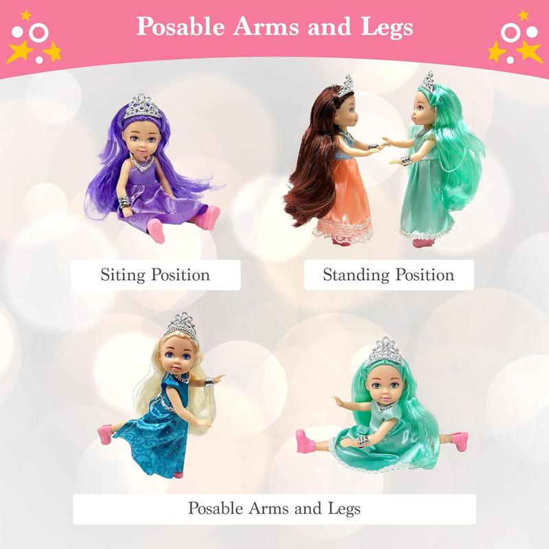 Little Dolls Set with Mini Princess Dolls for Girls u2013 Princess Toy Dolls for Dollhouse u2013Small Doll Mini Princess Figures with Tiaras, Hair Accessories