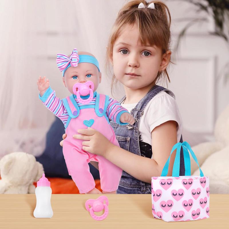 14 Inch Baby Doll & Doll Clothes Accessories Set Newborn Baby Doll Set Real Silicone Soft Doll Including Doll, Clothing, Pacifier, Feeding Bottle, Headband