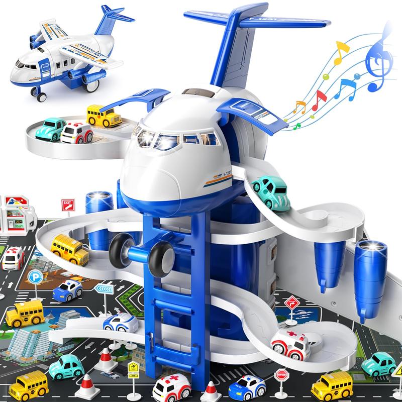 Airplane Toys Race Track Car Toys  - Transport Plane Adventure Car Toys for with 8 City Cars, Garage Parking Lot Playmat, Birthday Gift for