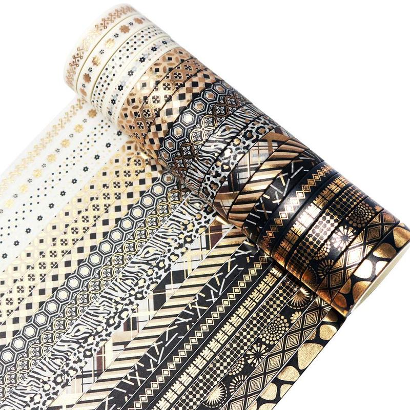 10 Rolls Black Gold Foil Print Washi Tape Set for Arts, DIY Crafts, Bullet Journals, Planners, Scrapbook, Wrapping