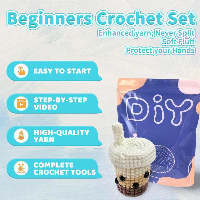 Milk Tea Cup Crochet Set, 1 Set Crochet Starter Kit with Step-by-step Video Tutorials, DIY Knitting Supplies for Beginners