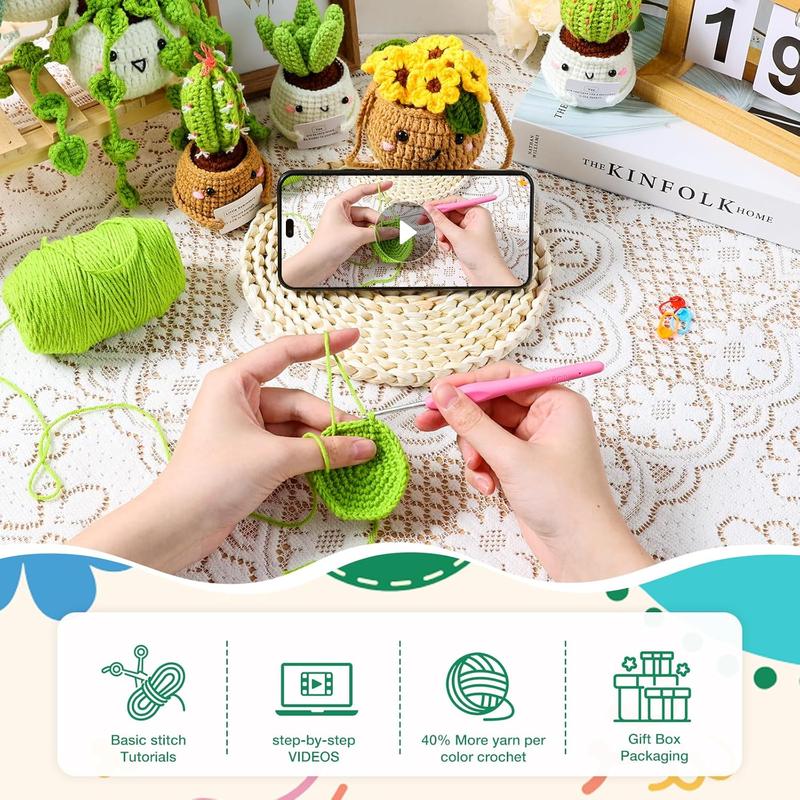 Crochet Kit | Crochet Kit for Beginners | Beginner Crochet Kit with Step by Step Video Lessons | 6 count Potted  and Succulent Family Crochet Kit with Crochet Accessories(40%+ Yarn)