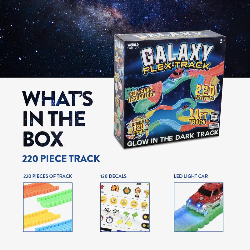 World Tech Toys Galaxy Flex Track | 220 Piece Glow in The Dark Flexible Racetrack and LED Light Up Car | Educational Building Toy | For Kids 3 Plus