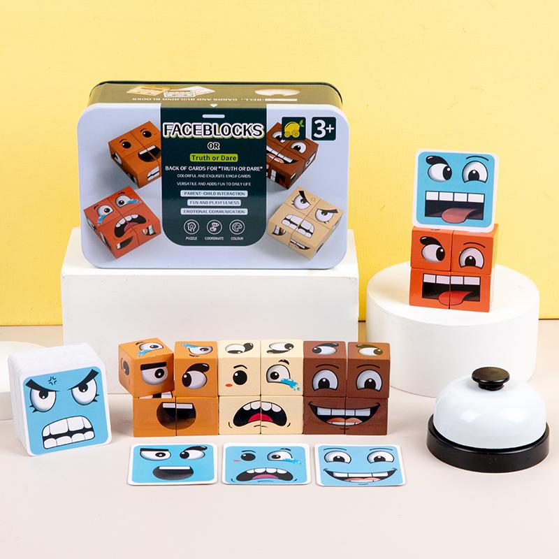 Face-Changing Cube Building Blocks Wooden Expressions Matching Block  Board Games for Family Night Puzzle Games