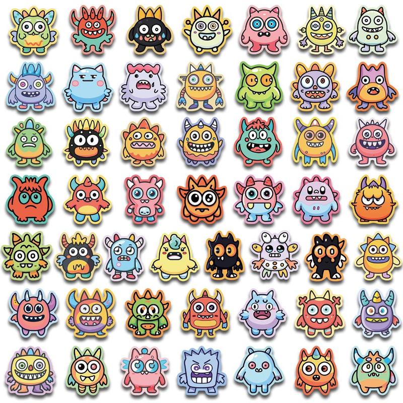 Cute Monster Pattern Sticker (50pcs), Cartoon Decorative Sticker, DIY Decals for Water Bottle, Laptop, Phone Case, Scrapbooking, Journal Making