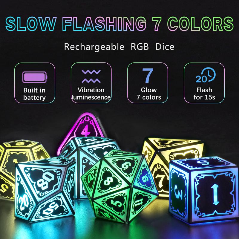 Wireless Light Up Dice Set D&D RGB Cool LED DND Dice with Charging Box Rechargeable 7 Color Polyhedral Role Playing Dice for DND Gifts RPG