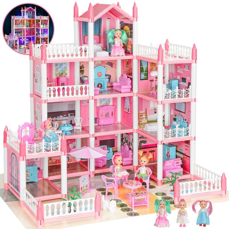 Play House Set with Light & Furniture, 1 Set  4-floor Self Assemble Princess Role Play Pretend Play Toy, DIY Mini Playhouse Builds Toy Set for Gift