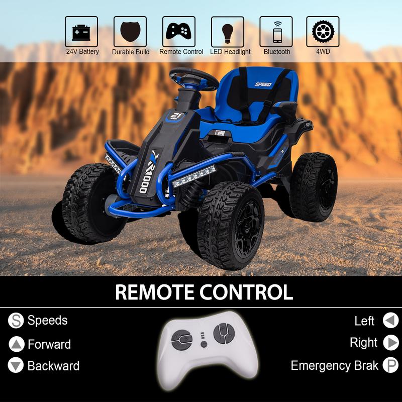 24V Battery Powered Car, 4WD Electric Go Kart with 4x75W Powerful Motors 4x4 Ride On UTV for Big Kids w Parent Remote 4 Wheeler Quad with Rubber-Plastic Polymerized EVA Tires Bluetooth, Blue