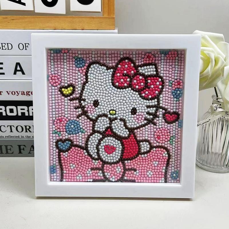 Cartoon Hello Kitty Pattern DIY Diamond Art Painting Kit with Frame, 5D Diamond Art Painting Kit, DIY Wall Art Decor for Home Living Room Bedroom, Christmas Gift