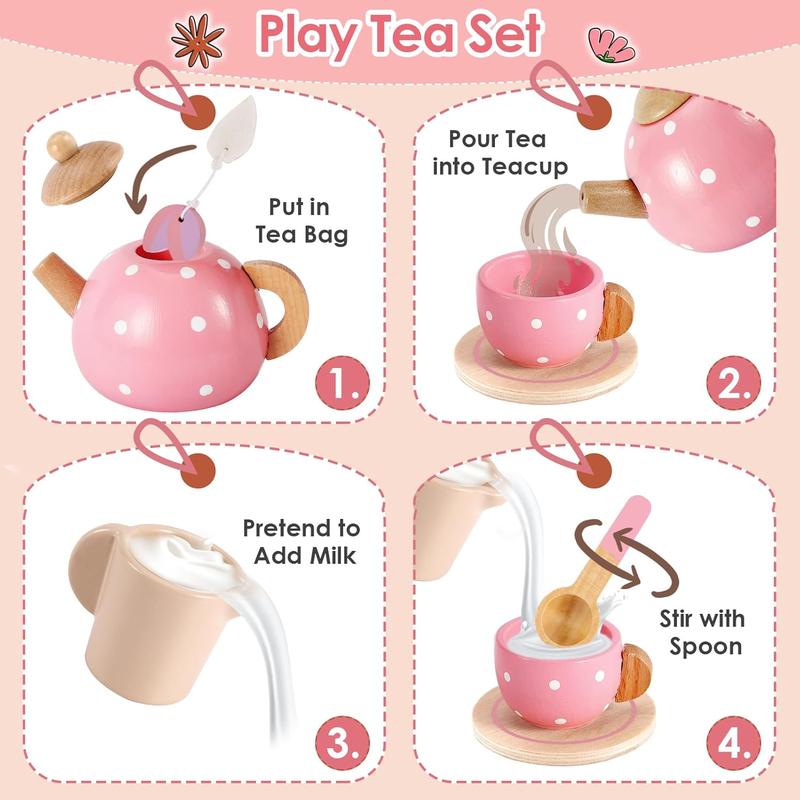 Pretend Play Princess Tea Party Set for Pretend Play Wooden Kitchen Play Food Accessories Sets Gifts for Christmas, birthday and new year