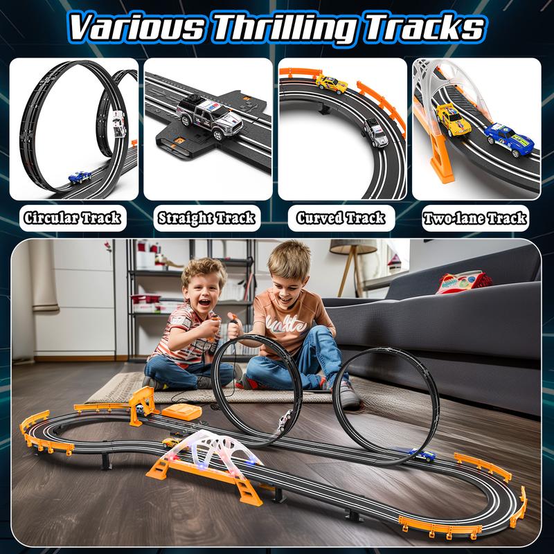 Slot Car Race Track Sets for Boys,Race Car Track with 4 High-Speed Slot Cars,Battery or Electric Car Track,Dual Racing Game Lap Counter Track Sets,Toys Gifts for Boys Girls Ages 4 5 6 7 8-12 dinosaur truck