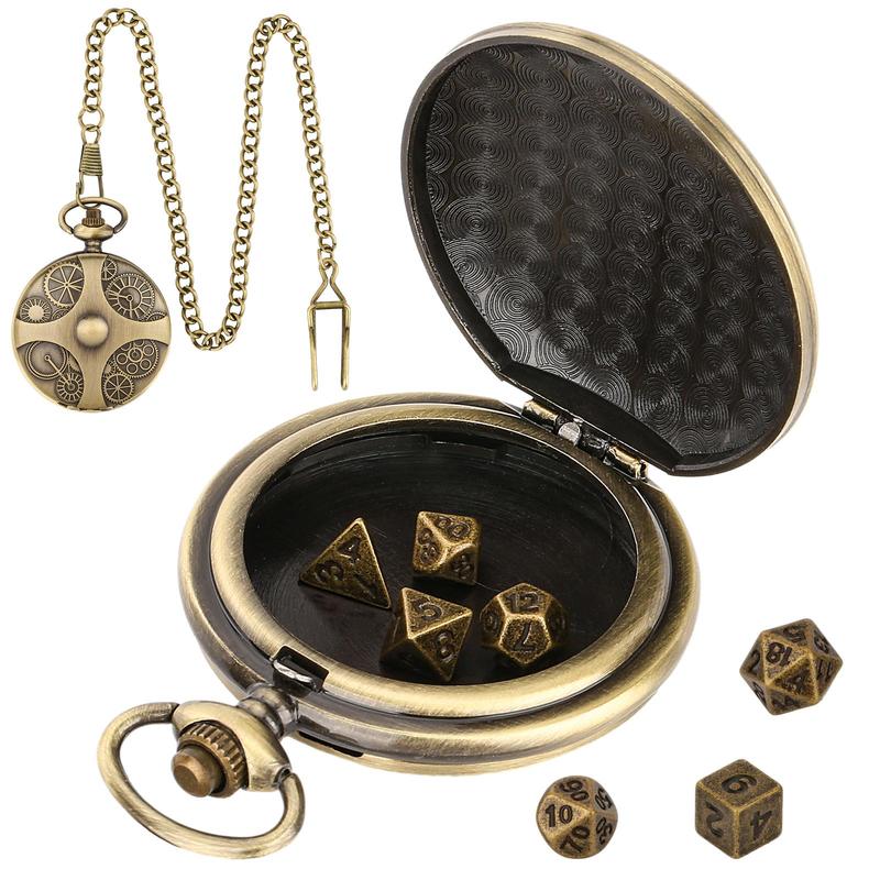 Steampunk DND Dice Set with Bronze Pocket Watch Shell Case, 1 Set Retro DND Dice Set, Dungeons and Dragons Gifts for Role Playing Board Games