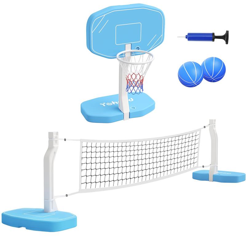 Pool Basketball Hoop & Pool Volleyball Net, 2 in 1 Pool Toys Pool Accessories Pool Games for Inground Pools, Swimming Poolside Basketball Set for Kids Adults