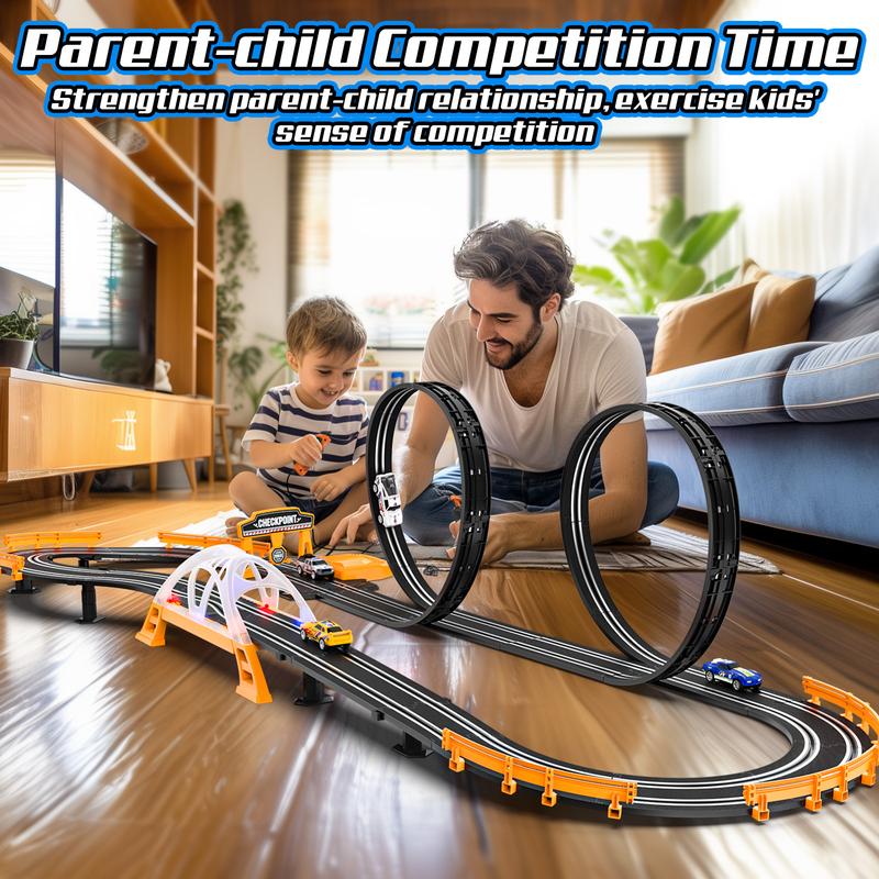 Slot Car Race Track Sets for Boys,Race Car Track with 4 High-Speed Slot Cars,Battery or Electric Car Track,Dual Racing Game Lap Counter Track Sets,Toys Gifts for Boys Girls Ages 4 5 6 7 8-12 dinosaur truck