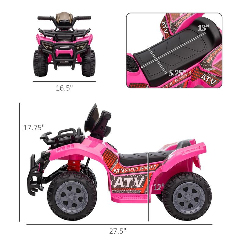 Kids ATV Four Wheeler  Ride on Car, Motorized Quad, 6V Battery Powered Electric Quad with Songs for 18-36 Months, Pink