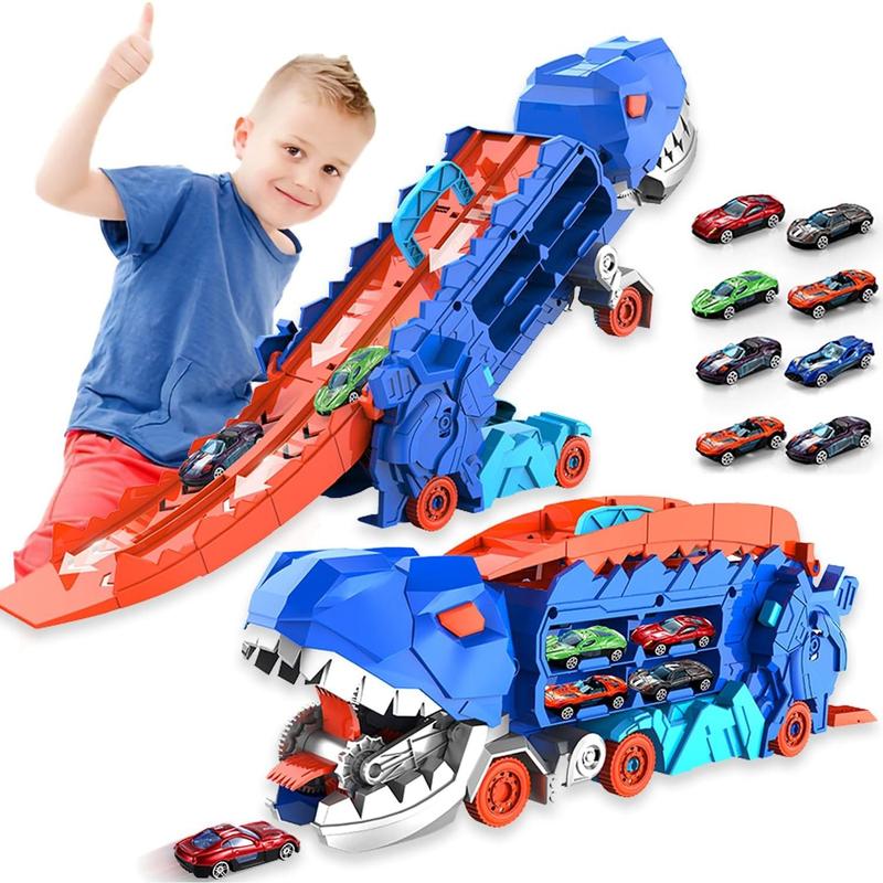 City Dinosaur Ultimate Hauler Track Toy for Boys, Transforms into Stomping Dinosaur with Race Track Ultimate Transporter Hauler Christmas Toys Gifts for Kids Ages 3 4 5 6 Years Old(4 Cars)