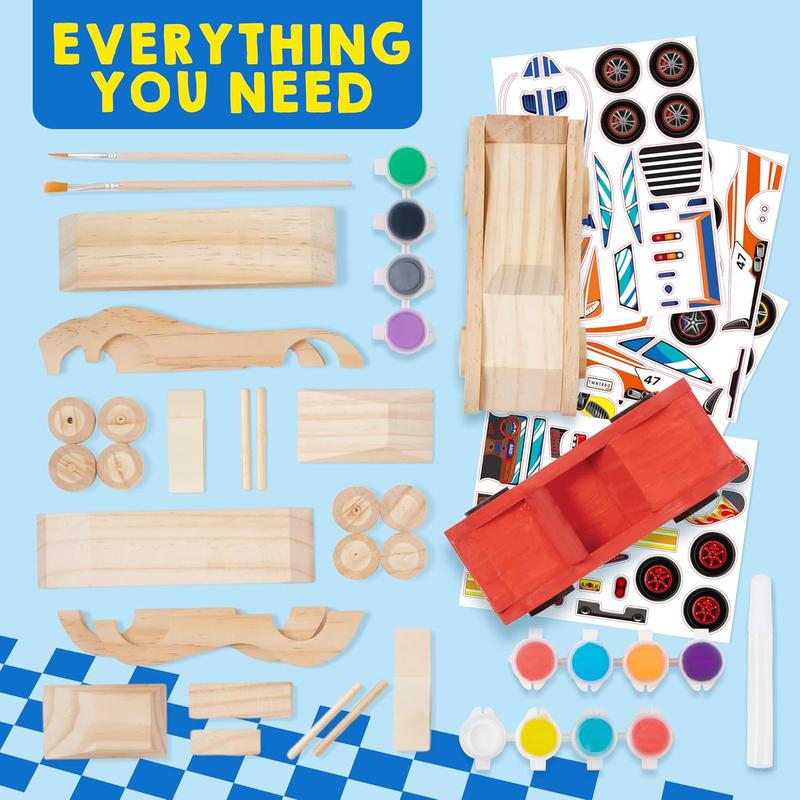 4 DIY Wooden Race Cars-Build & Paint Your Own Wood Craft Kit, 4 Race Cars Toy, Easy to Assemble Arts Crafts Kit, Birthday Party Presents for Kids Boys Ages 6 and Up