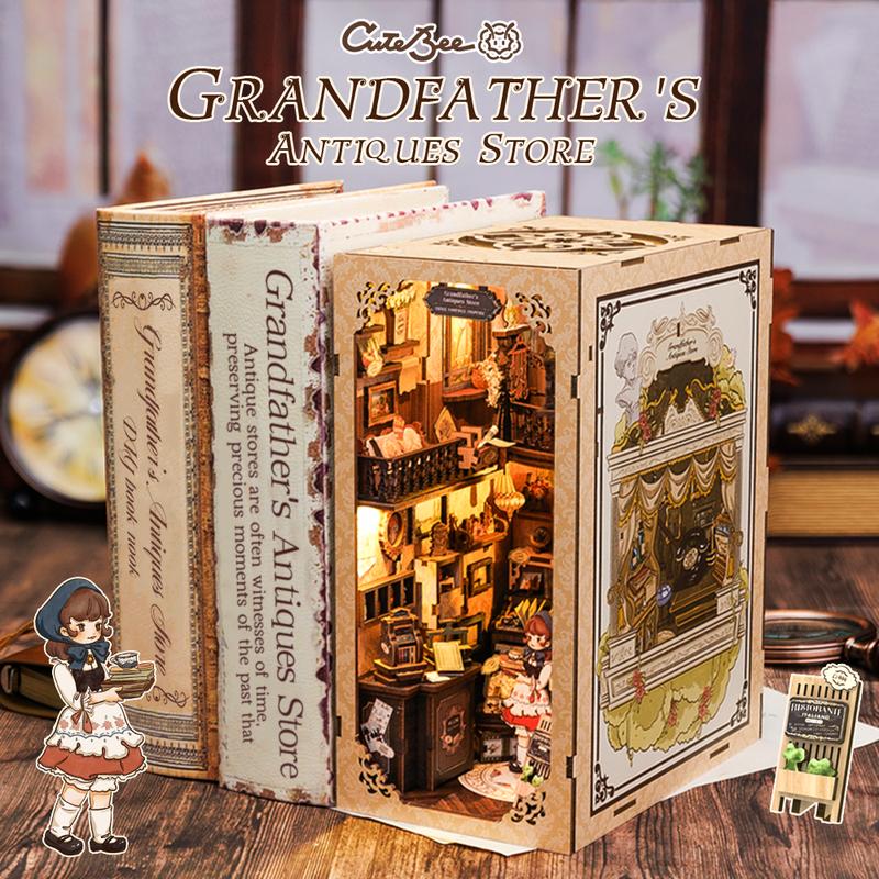 CUTEBEE DIY Book Nook Kit for Girls, Teens and Adults, DIY Dollhouse Miniature House Kit Bookshelf Insert Decor, Antique Shop Model Building Creative Gift with LED Light (Grandpa's Antique Shop)