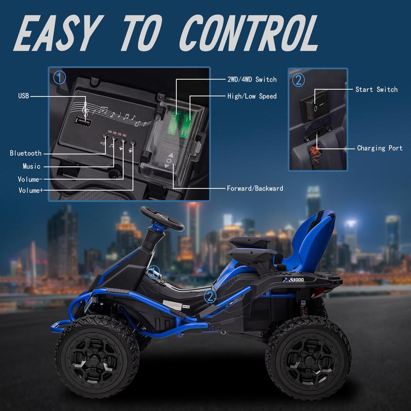 24V Battery Powered Car, 4WD Electric Go Kart with 4x75W Powerful Motors 4x4 Ride On UTV for Big Kids w Parent Remote 4 Wheeler Quad with Rubber-Plastic Polymerized EVA Tires Bluetooth, Blue