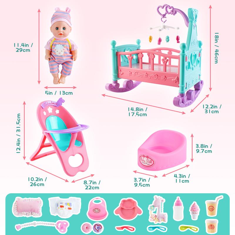 deAO Black Doll Set with Crib American Doll Set Mobile High Chair Stroller Feeding Accessories 21 Pieces Play Set (Doll Included)