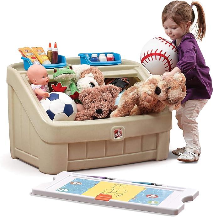 Step2 2-in-1 Toy Box and Easel Lid for Kids, Playroom Storage and Organizer, Lid Coverts to Art Table, Ages 2+ Years Old, Tan